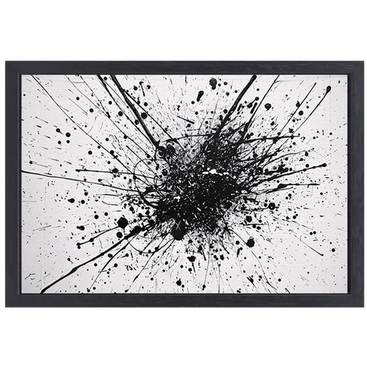 Abstracte kunst met zwarte en witte verfspatten canvas met baklijst