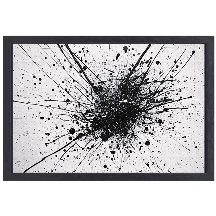 Abstracte kunst met zwarte en witte verfspatten canvas met baklijst