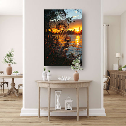 Silhouet tegen zonsondergang in gebroken glas canvas