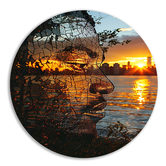 Silhouet tegen zonsondergang in gebroken glas aluminium muurcirkel
