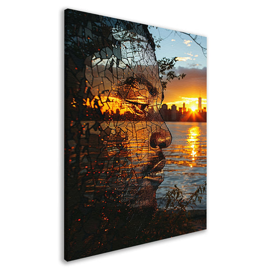 Silhouet tegen zonsondergang in gebroken glas canvas