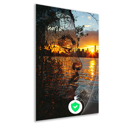 Silhouet tegen zonsondergang in gebroken glas poster