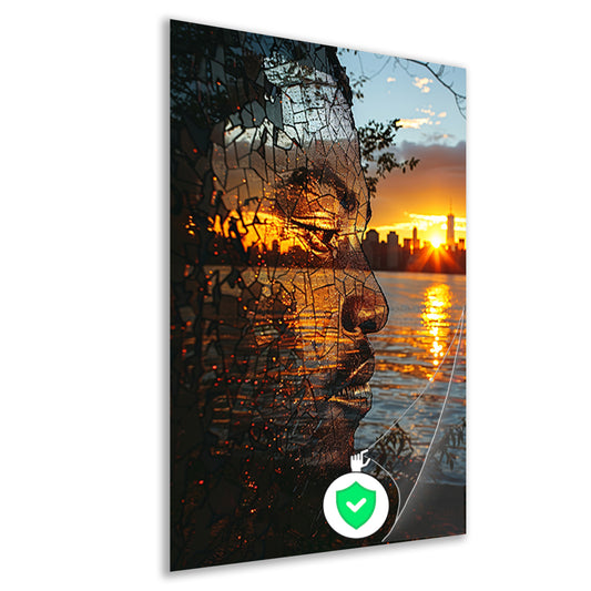 Silhouet tegen zonsondergang in gebroken glas poster