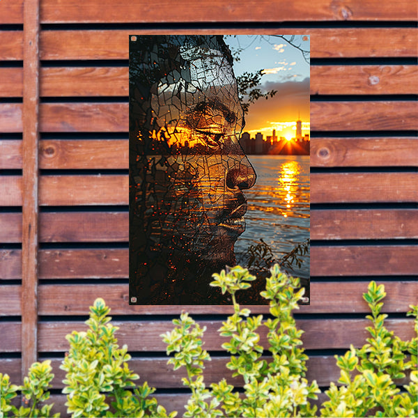 Silhouet tegen zonsondergang in gebroken glas tuinposter