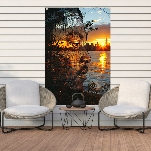 Silhouet tegen zonsondergang in gebroken glas tuinposter