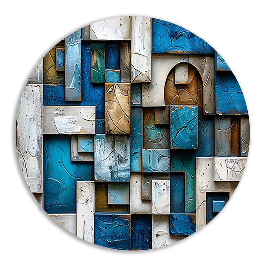 Moderne abstracte compositie in blauw en bruin aluminium muurcirkel