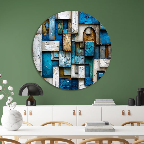 Moderne abstracte compositie in blauw en bruin aluminium muurcirkel