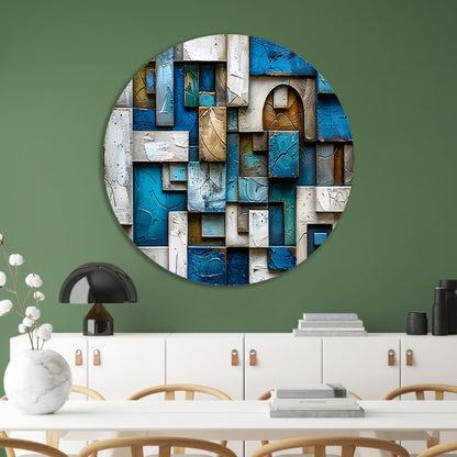 Moderne abstracte compositie in blauw en bruin aluminium muurcirkel