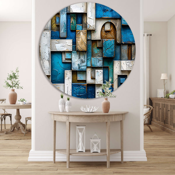 Moderne abstracte compositie in blauw en bruin aluminium muurcirkel