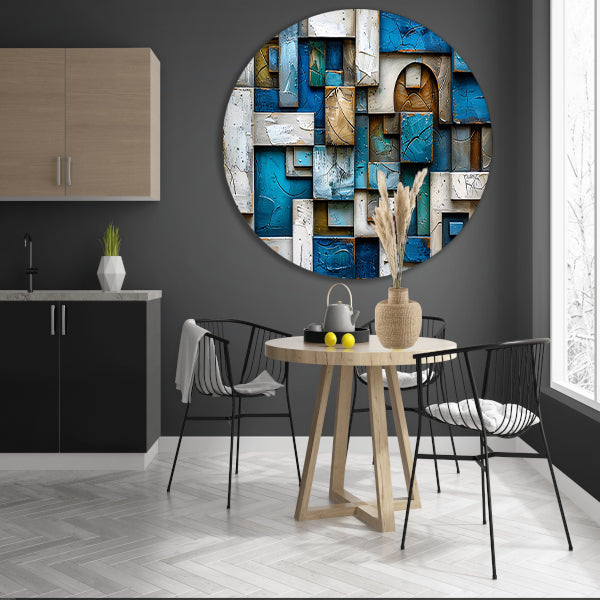 Moderne abstracte compositie in blauw en bruin aluminium muurcirkel