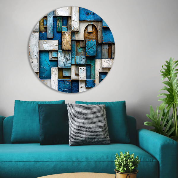 Moderne abstracte compositie in blauw en bruin aluminium muurcirkel