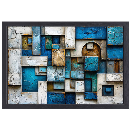 Moderne abstracte compositie in blauw en bruin canvas met baklijst