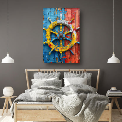 Kleurrijk Stuurwiel op Verweerde Houten Muur poster