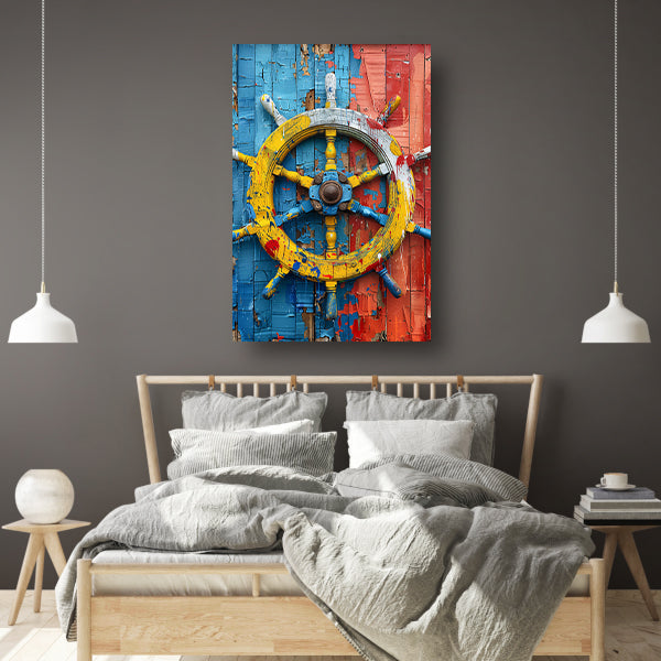 Kleurrijk Stuurwiel op Verweerde Houten Muur canvas met baklijst
