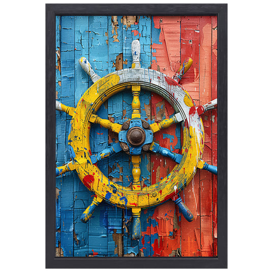 Kleurrijk Stuurwiel op Verweerde Houten Muur canvas met baklijst