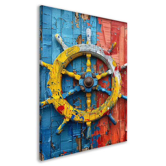 Kleurrijk Stuurwiel op Verweerde Houten Muur canvas