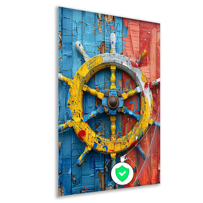 Kleurrijk Stuurwiel op Verweerde Houten Muur poster