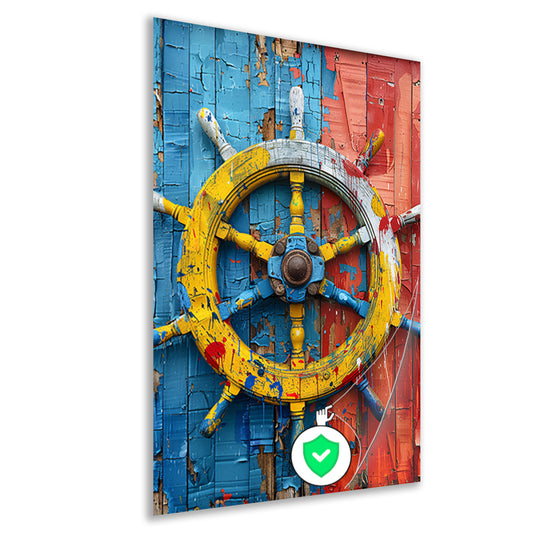 Kleurrijk Stuurwiel op Verweerde Houten Muur poster