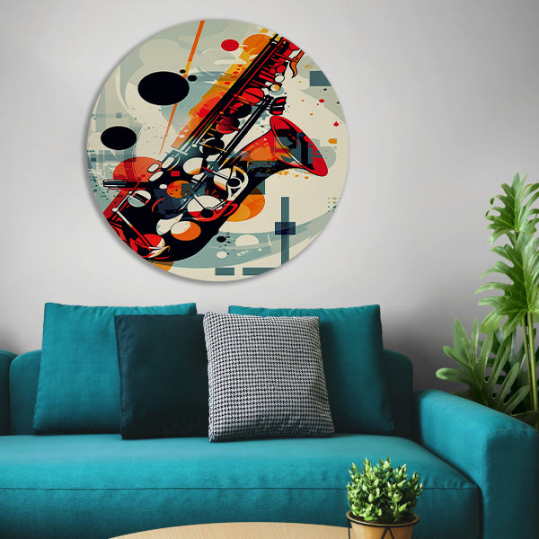 Abstract Jazz Saxofoon in Kleur aluminium muurcirkel