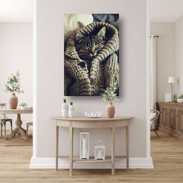 Slapende Kat in Gebreide Trui poster