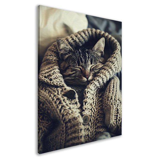 Slapende Kat in Gebreide Trui canvas