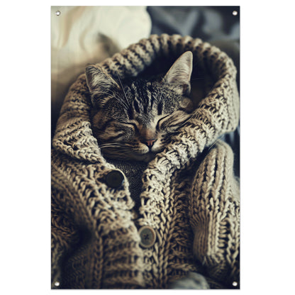 Slapende Kat in Gebreide Trui tuinposter