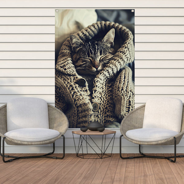 Slapende Kat in Gebreide Trui tuinposter