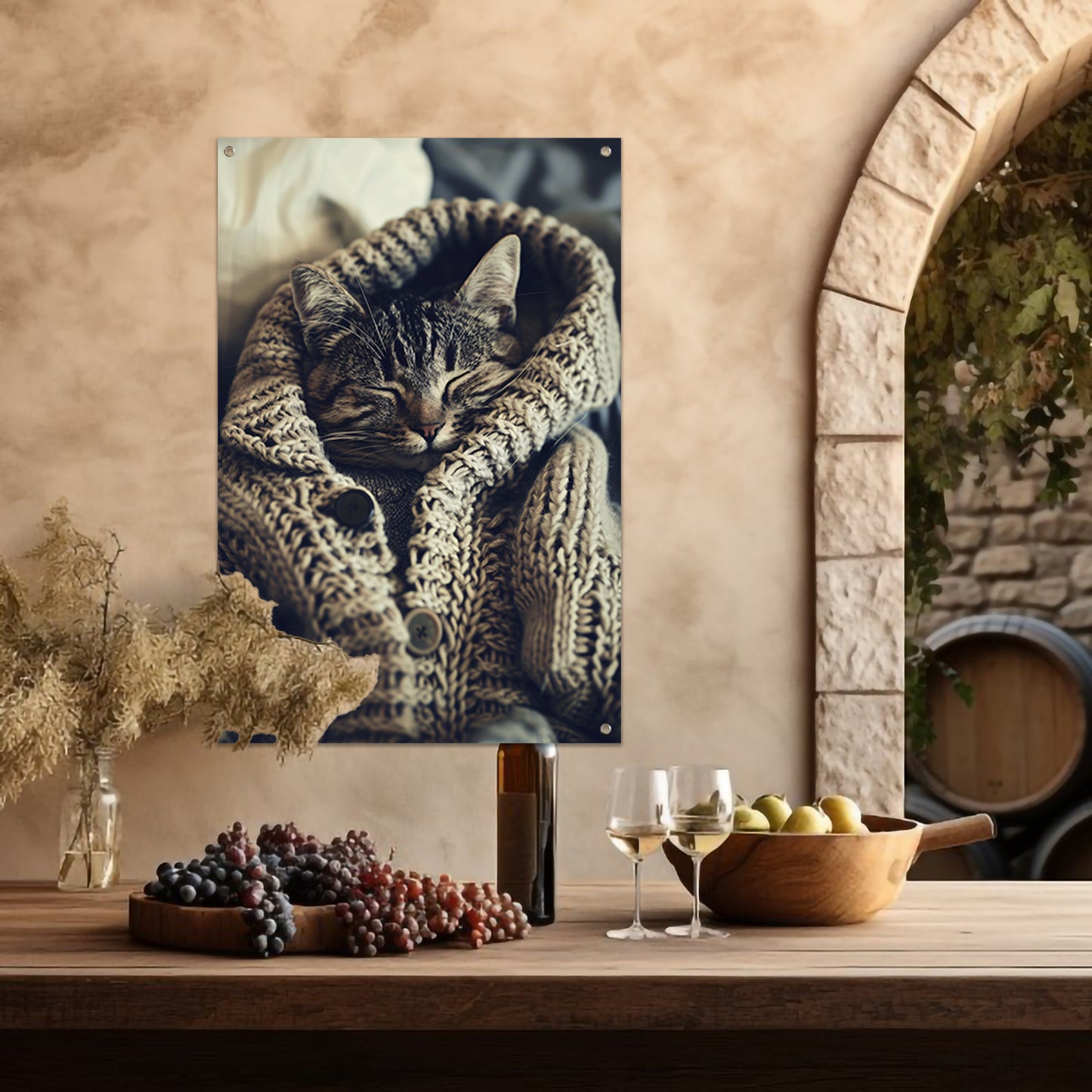 Slapende Kat in Gebreide Trui tuinposter