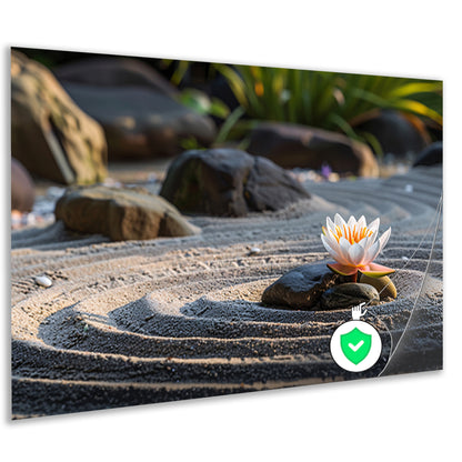 Serene waterlelie in zen-tuin met zand poster