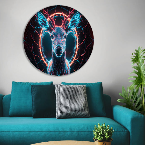Futuristisch hert in levendige neonkleuren aluminium muurcirkel