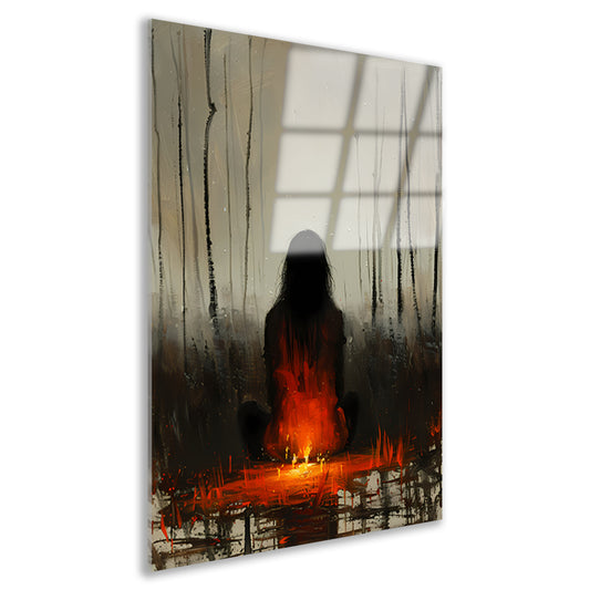 Mysterieus silhouet bij kampvuur in bos acrylglas