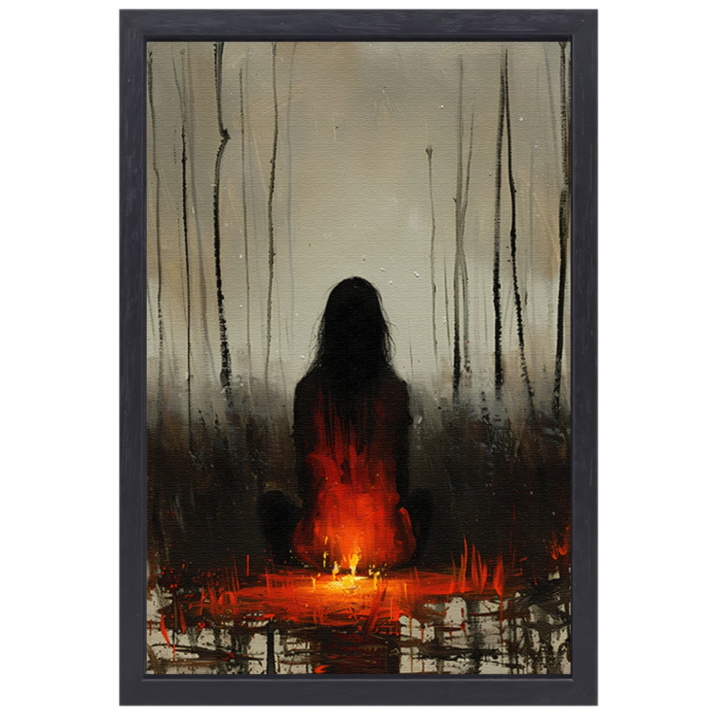Mysterieus silhouet bij kampvuur in bos canvas met baklijst
