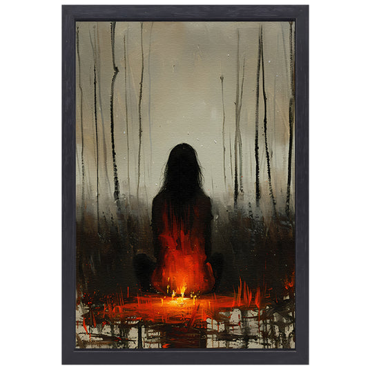 Mysterieus silhouet bij kampvuur in bos canvas met baklijst