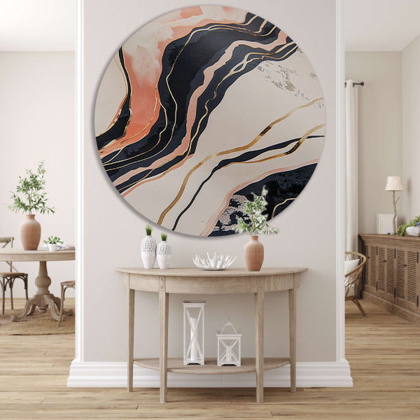 Dynamische abstracte lijnen met goud en zwart aluminium muurcirkel