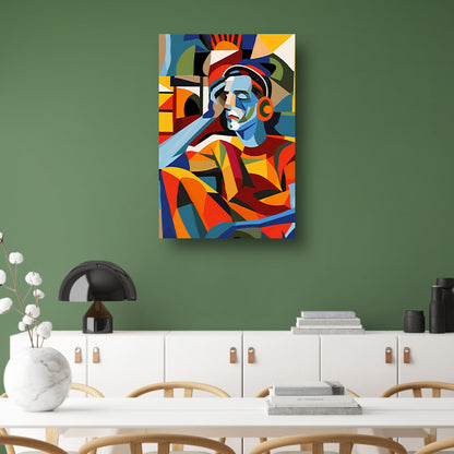 Kubistische man met koptelefoon in abstracte wereld acrylglas