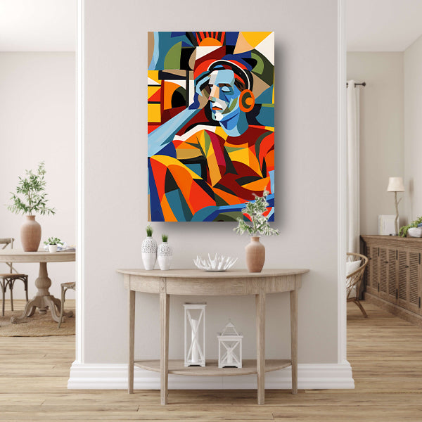 Kubistische man met koptelefoon in abstracte wereld acrylglas