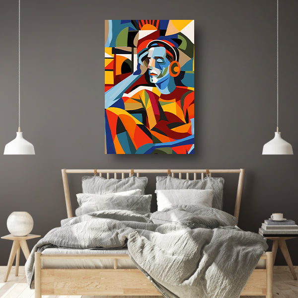 Kubistische man met koptelefoon in abstracte wereld acrylglas