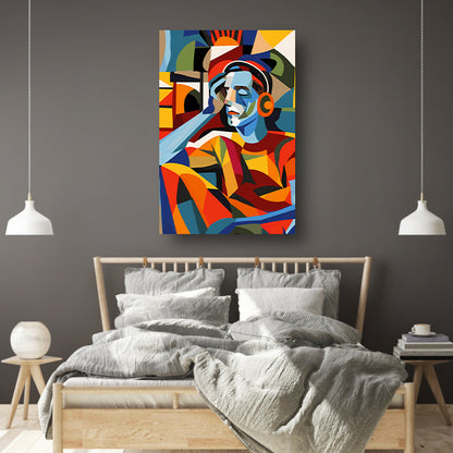 Kubistische man met koptelefoon in abstracte wereld acrylglas