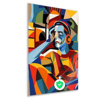 Kubistische man met koptelefoon in abstracte wereld poster