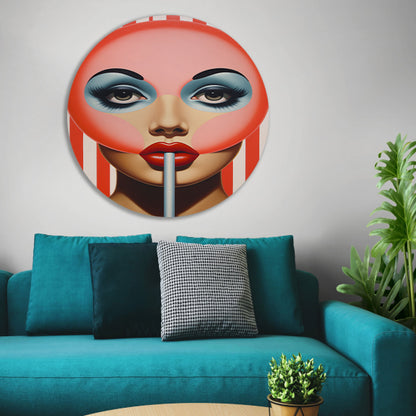 Gezicht met gestreepte lolly in popart forex muurcirkel