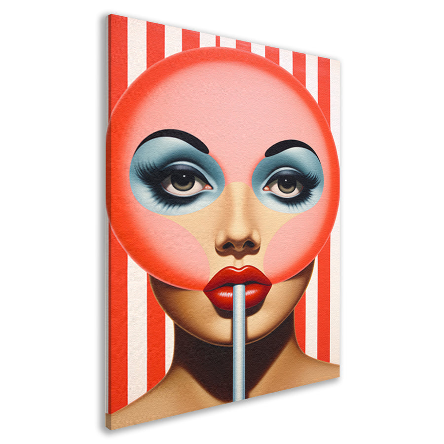 Gezicht met gestreepte lolly in popart canvas