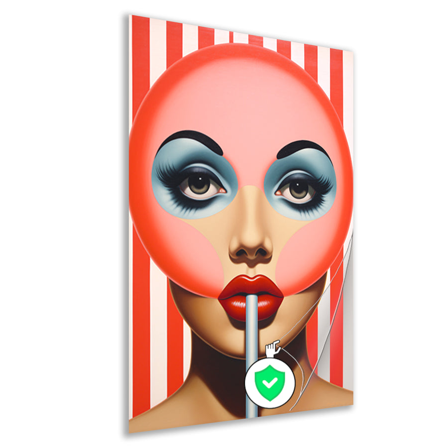 Gezicht met gestreepte lolly in popart poster
