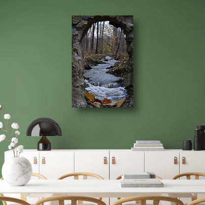 Rivier stroomt door stenen raam in herfstbos acrylglas