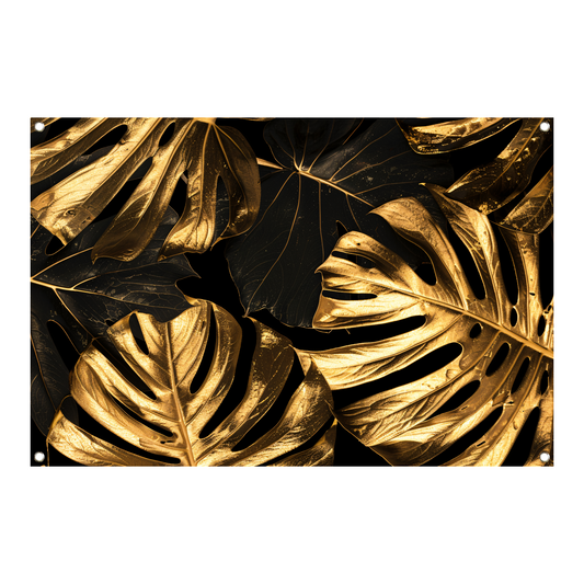 Luxe Gouden Monstera Bladeren op Zwart tuinposter