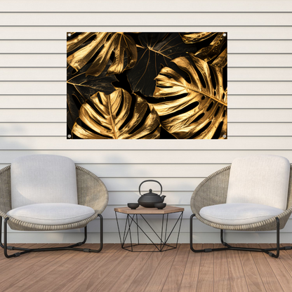 Luxe Gouden Monstera Bladeren op Zwart tuinposter