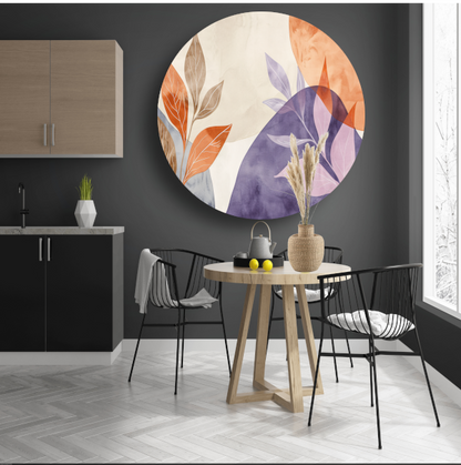 Abstracte Waterverf Bladeren in Warme Tinten aluminium muurcirkel