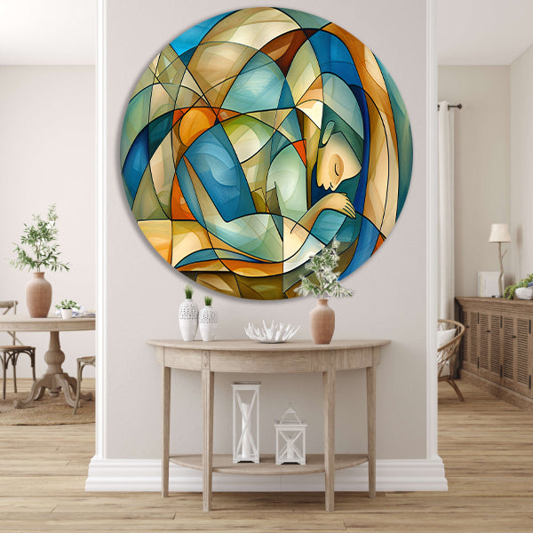 Abstract kunstwerk van slapende vrouw aluminium muurcirkel
