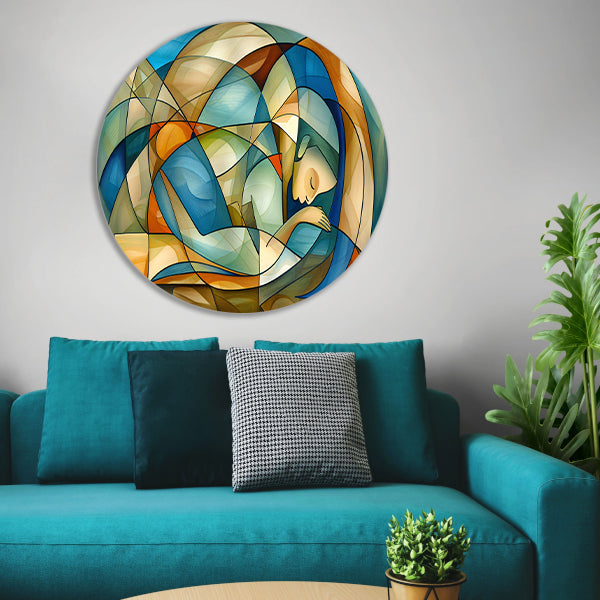 Abstract kunstwerk van slapende vrouw aluminium muurcirkel