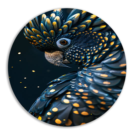 Blauwe Papegaai met Gouden Stippen Portret aluminium muurcirkel
