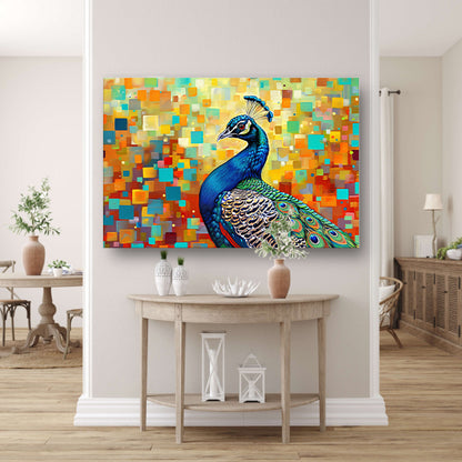 Kleurrijke pauw in abstracte popart stijl canvas met baklijst